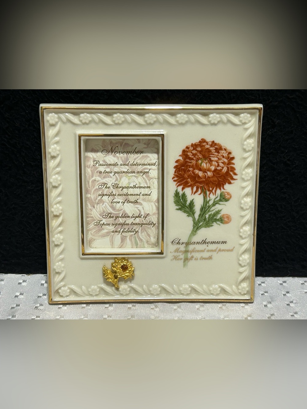 Lenox November Gold Chrysanthemum Topaz Birthstone Porcelain Picture Photo Frame